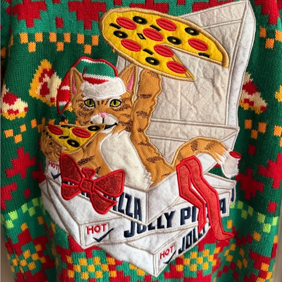 Boys Ugly Christmas Sweater Cats And Pizza - Small Hole See Pic Size M - Picture 2 of 7